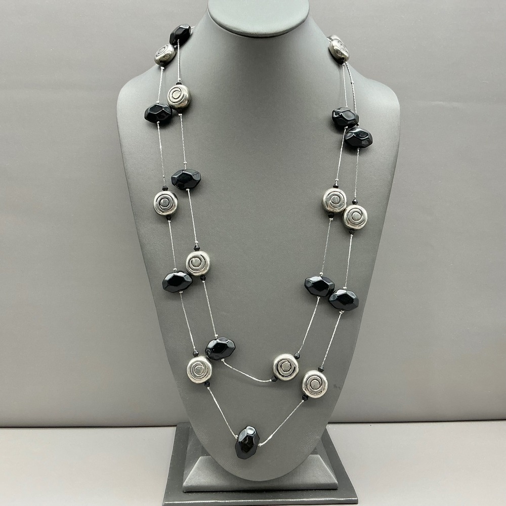Necklace Women Black Silver Tone Beaded Spiral Long Layering Chain Jewelry